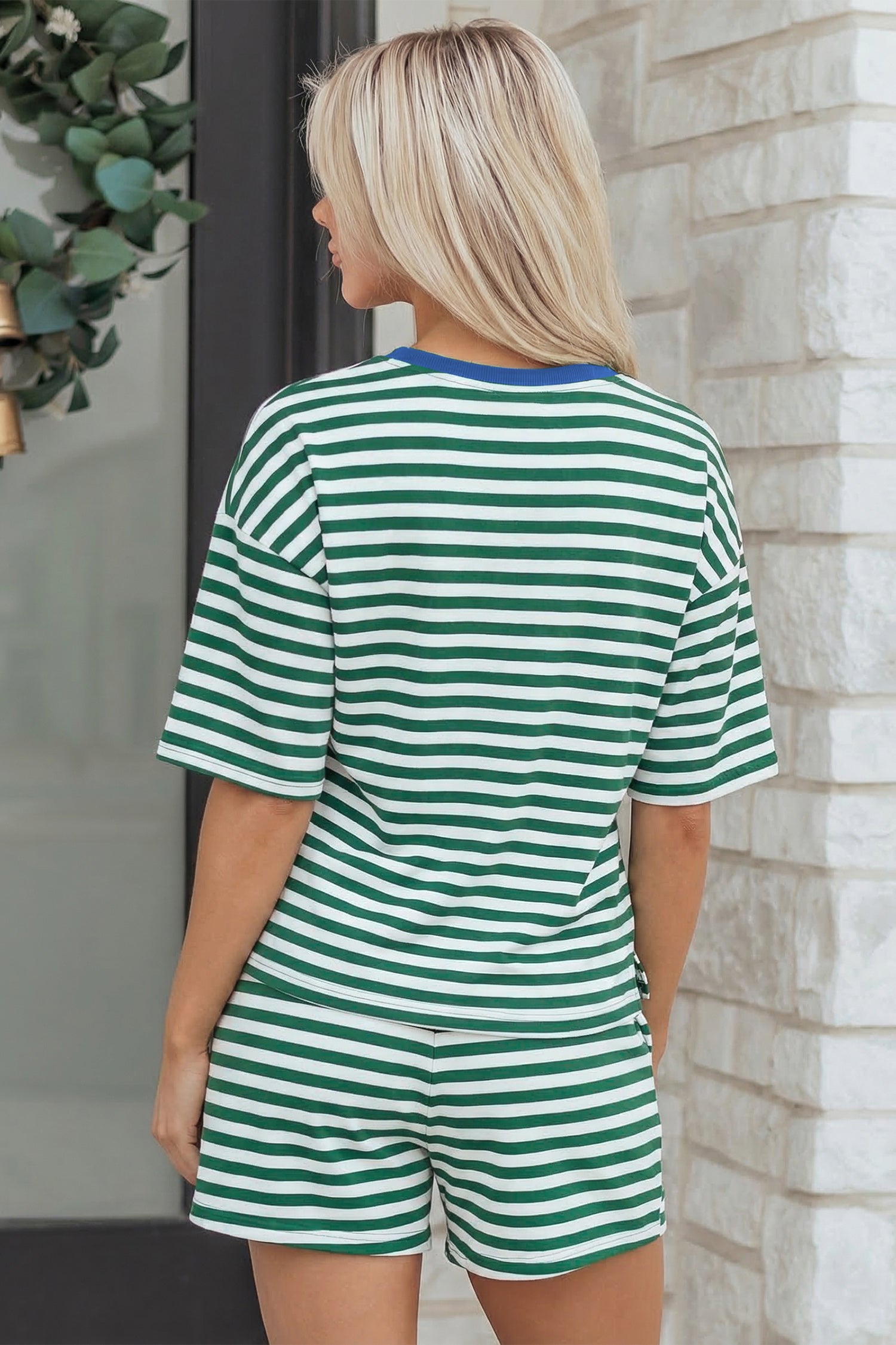 Rose Stripe Drop Shoulder Boxy Casual Terry Short Set
